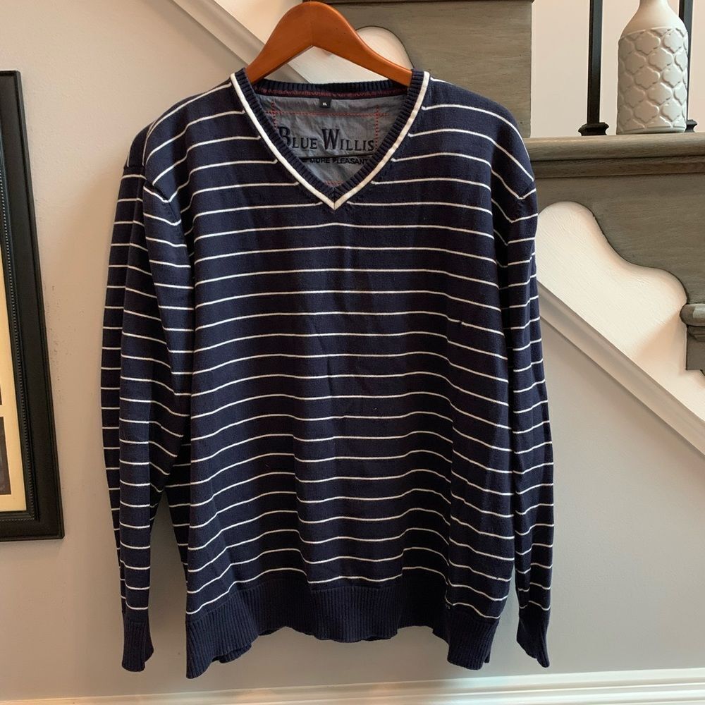 Blue Willis Navy & White V-Neck Striped Sweater sz XL EUC